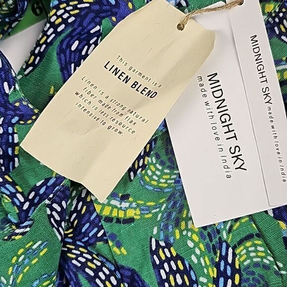 Midnight Sky -175 Blue Green Floral Linen Blend Tie Waist Wide Leg Pants Size S - Picture 3 of 9